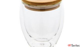 Vidrio publictario de borosilicato de doble pared con tapa de bambú 250m
